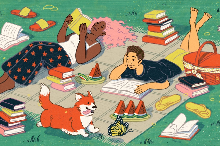 A colourful illustration of a Black woman with pink hair and a white man reading on a picnic rug, dog running by