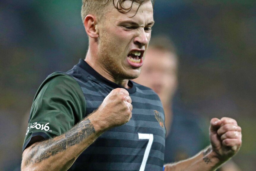 Germany's Max Meyer celebrates his goal against Brazil in the football gold medal match.