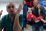 Composite: A dr in scrubs speaks on a video call and A child wounded is rushed into Nasser hospital.