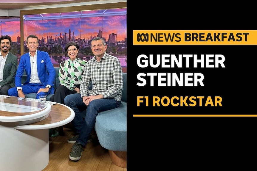 Guenther Steiner, F1 Rockstar: Guenther Steiner sits on the ABC News Breakfast couch with the program's presenters.