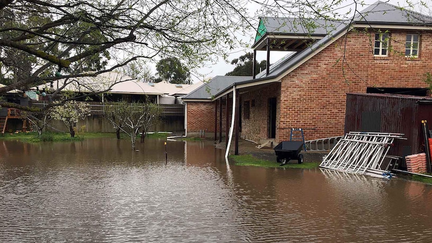 Floodwater laps at home in Lobethal.