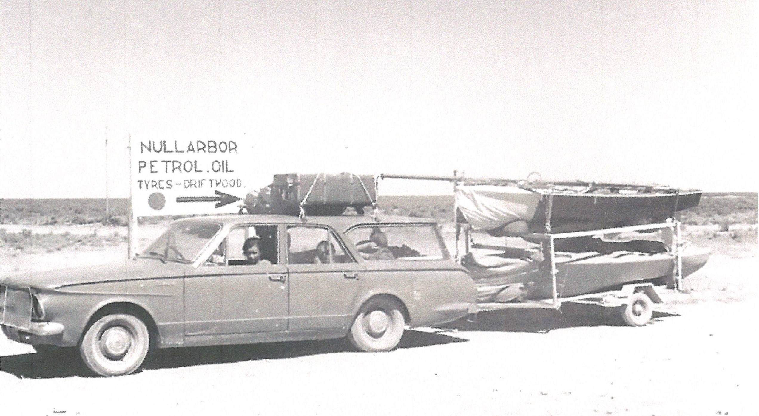 James 'Jamie' Wilmot driving across the Nullarbor in 1969 with a loaded car and trailer