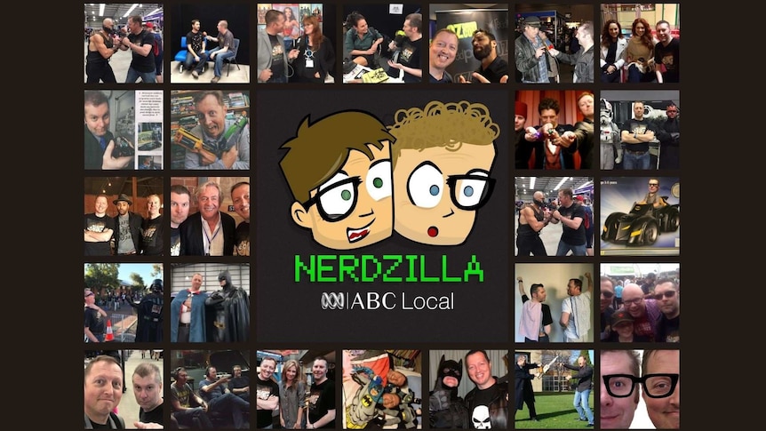 Collage of Andrew and Joel making the podcast - chatting, interviewing, and at conventions.