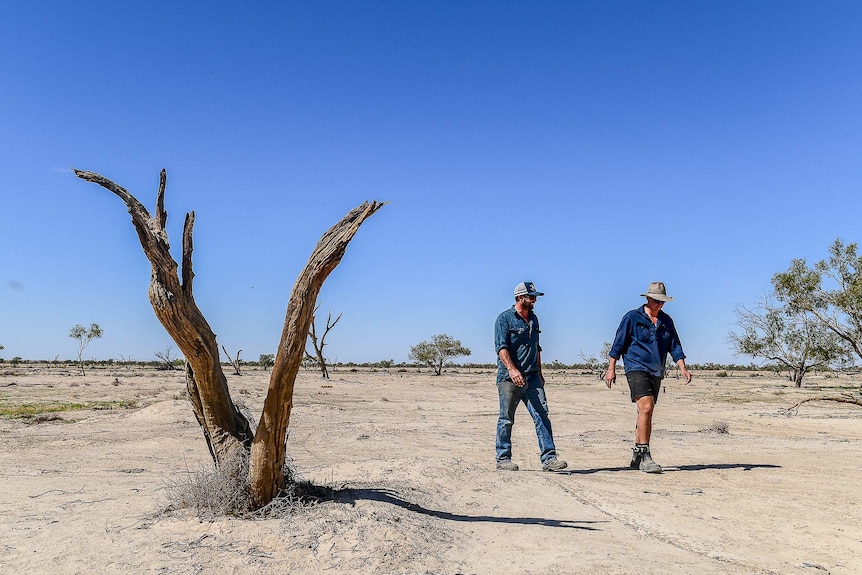 Two men walk across a dry landscape.
