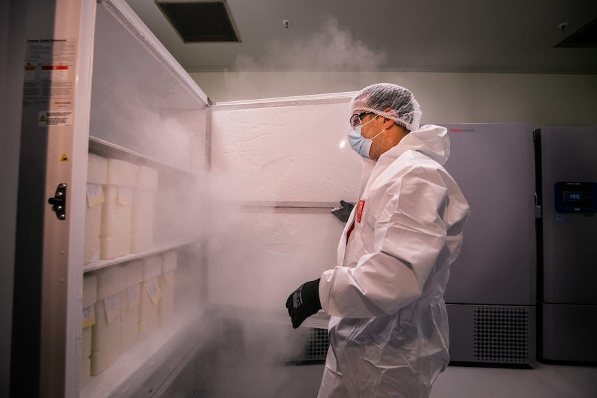 A man in a protective suit and hairnet in a cold room, holding a door open