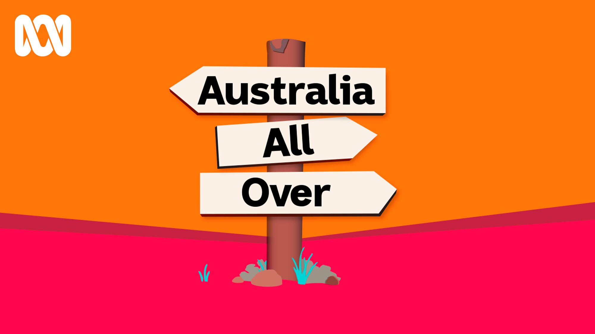 Finger signposts reading Australia All Over, against a vivid orange and pink background.