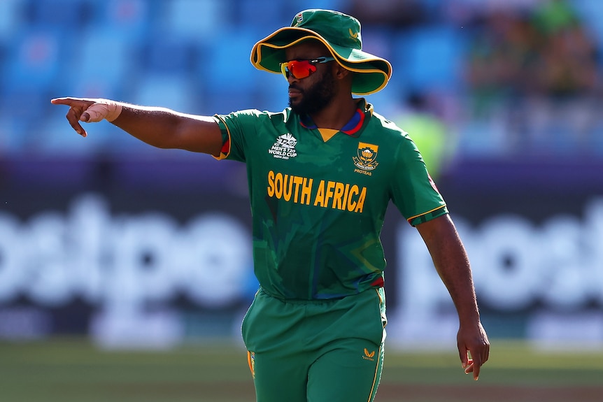 Temba Bavuma points in the field for South African cricket team.