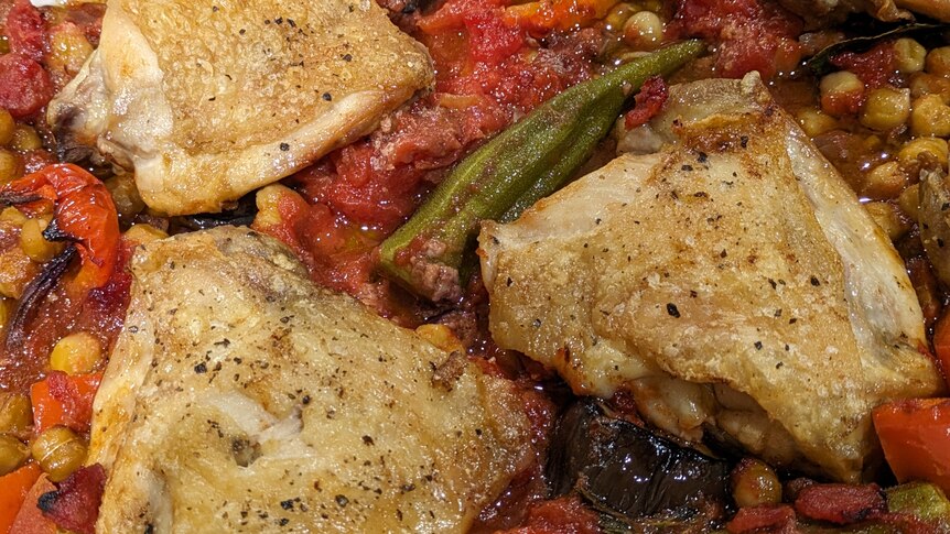 Photo of fried chicken thighs in a stew of tomatoes, eggplant and okra