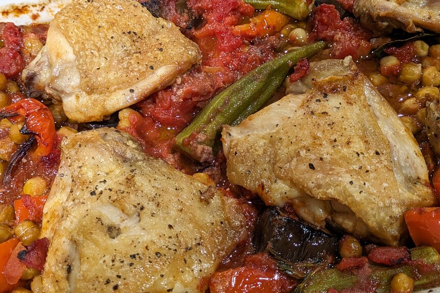 Photo of fried chicken thighs in a stew of tomatoes, eggplant and okra