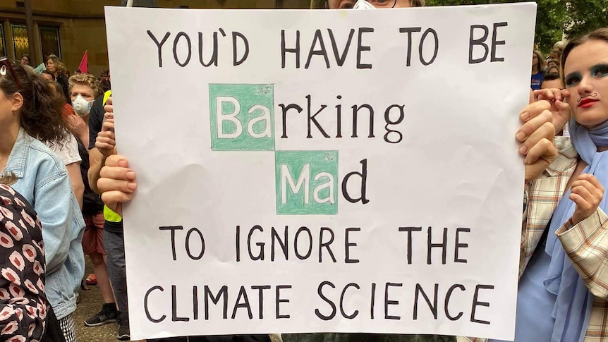 A man with a sign that says you have to be barking mad to ignore the science.