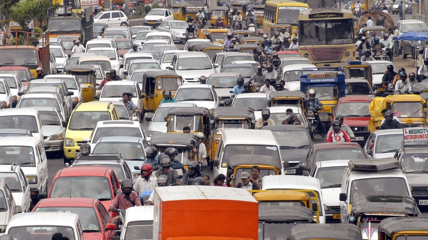 Traffic comes to a standstill on a busy road in India.