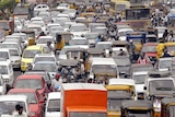 Traffic comes to a standstill on a busy road in India.