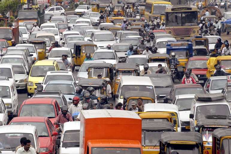 Traffic comes to a standstill on a busy road in India