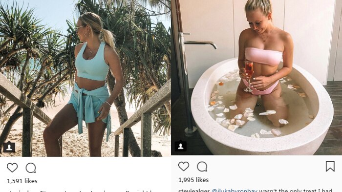 A young woman poses for Instagram photos, in activewear at a beach and in swimwear in a bath with a glass of wine.