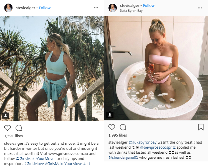 A young woman poses for Instagram photos, in activewear at a beach and in swimwear in a bath with a glass of wine.