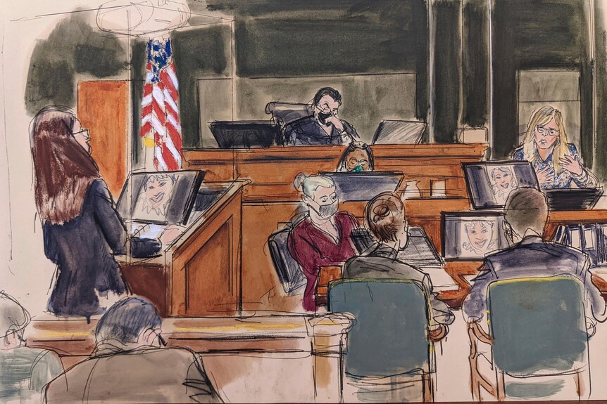 A courtroom sketch showing a woman speaking in court