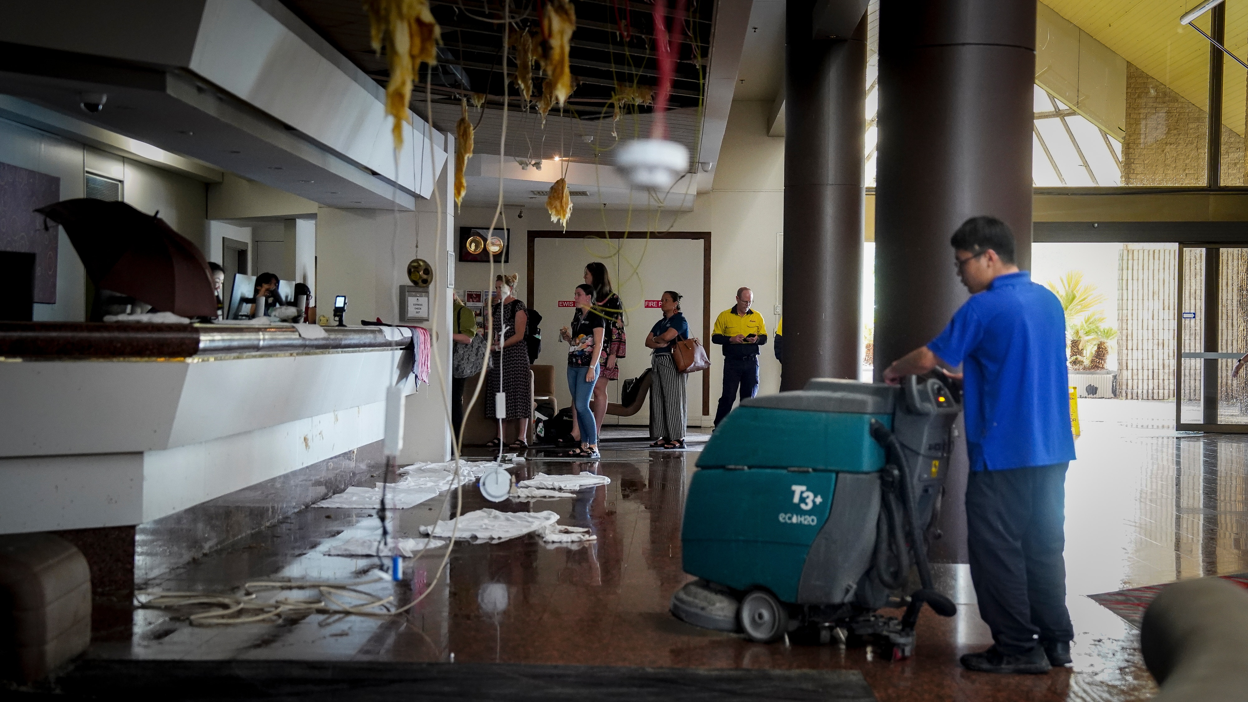 towels on wet ground in a hotel after a storm