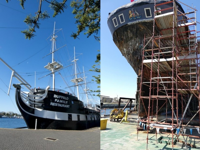 A composite photo of the Buffalo at Glenelg and the Clipper under repair at Port Adelaide.