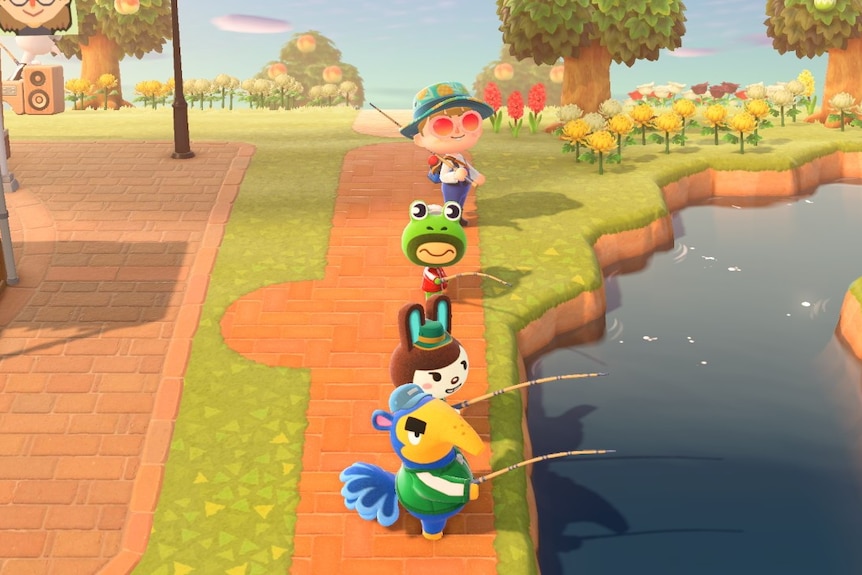 A screenshot from Animal Crossing with a bunch of characters, human and otherwise, all fishing together