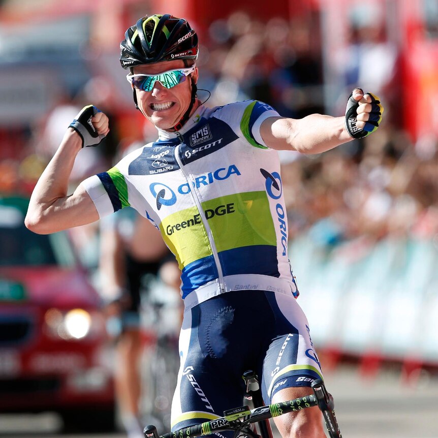 Simon Clarke celebrates as he wins the fourth stage of the Vuelta tour of Spain.