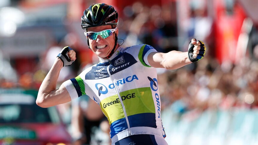 Simon Clarke celebrates as he wins the fourth stage of the Vuelta tour of Spain.