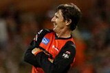 Brad Hogg of the Renegades appeals on one knee for a wicket during the Big Bash League