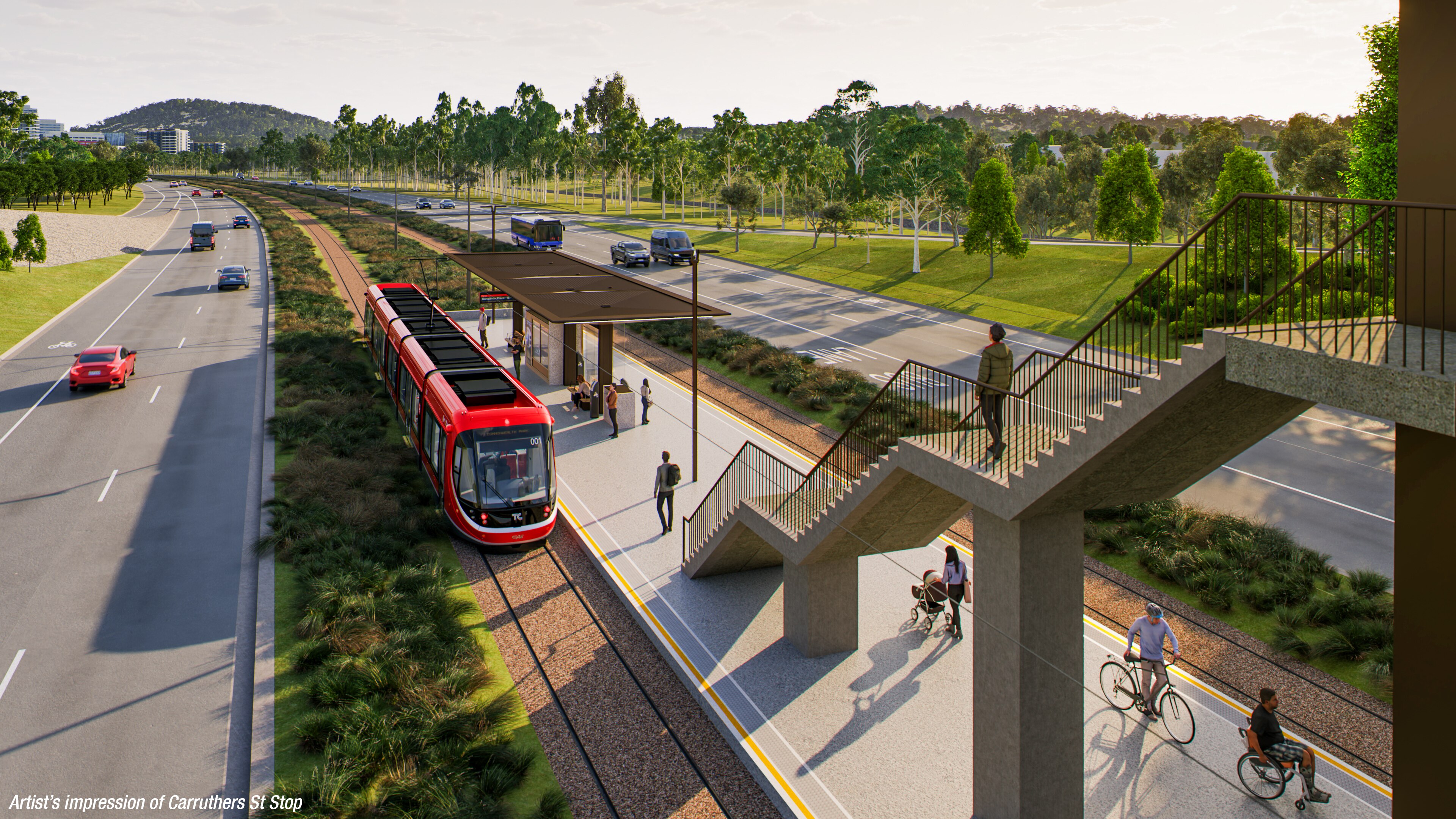 A picture of a tram at a tram stop in the middle of a four-lane road with people walking down stairs to the platform. 