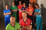 Big Bash preview. David Warner and Brad Haddin posing with other Big Bash captains in background.