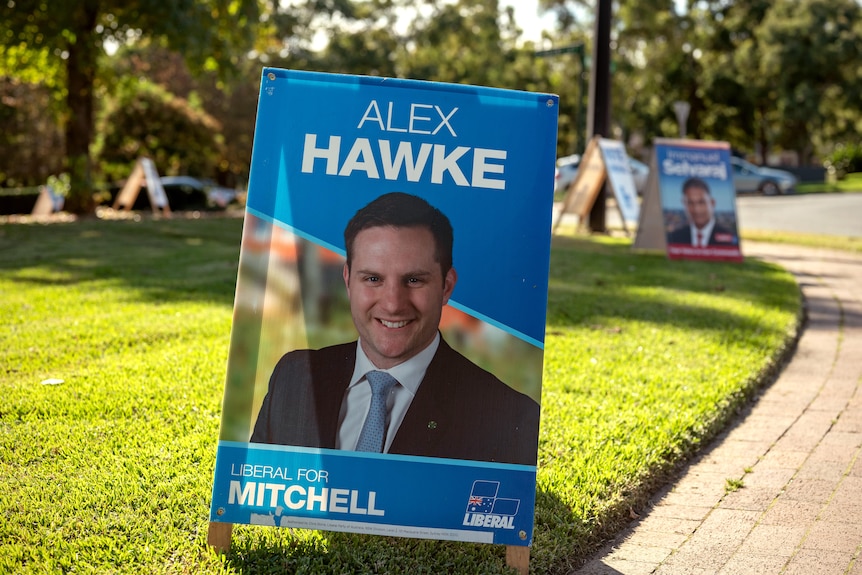 An Alex Hawke corflute at a polling booth in the seat of Mitchell in May 2022