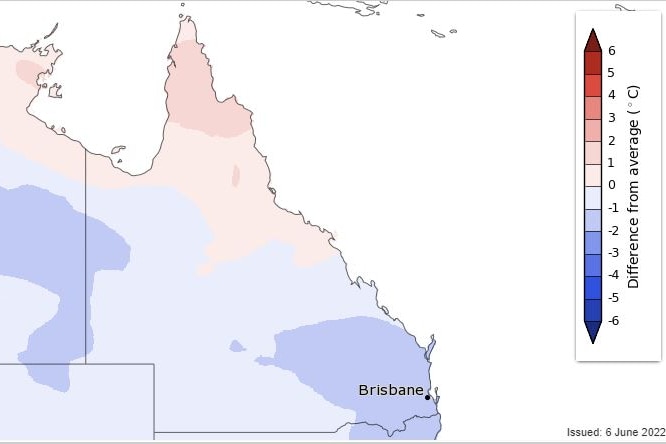 An outline of Queensland - south-east corner dark purple indicating colder than average