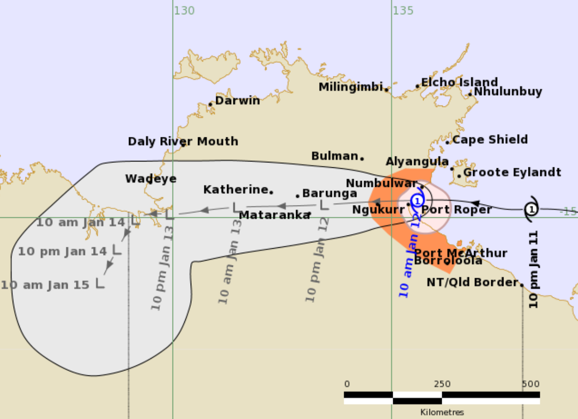A map of the traces of Tropical Cyclone Tiffany on the NT coast.