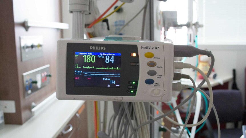 A heart-rate monitor on a CPAP machine at the Royal Women's Hospital in Melbourne.
