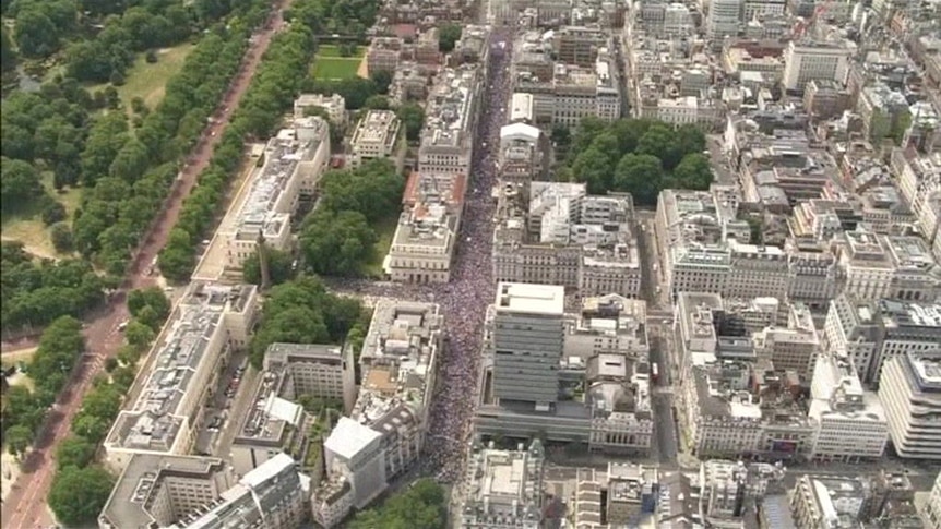 About 100,000 people march in London in June to demand a final vote on Brexit terms.