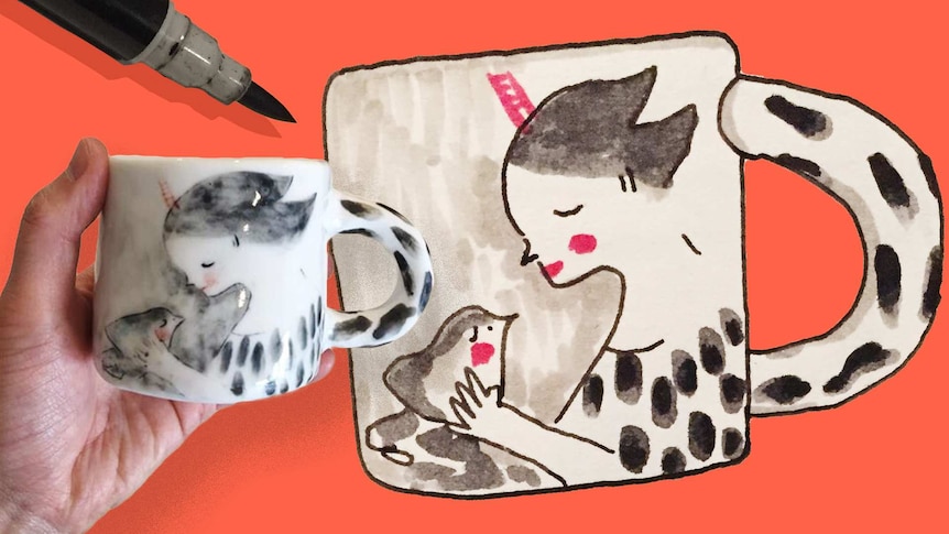 Photo of black and white mug with a girl holding a bird next to a sketch of this mug to depict creativity during coronavirus.