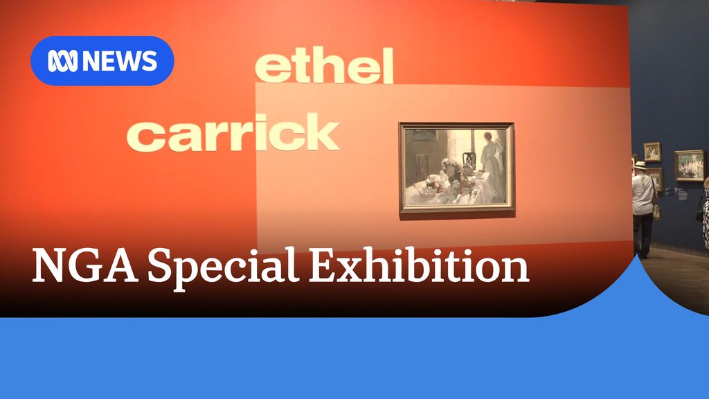 NGA Special Exhibition: An art gallery wall in two shades of orange featuring a framed painting at the words 'ethel carrick'