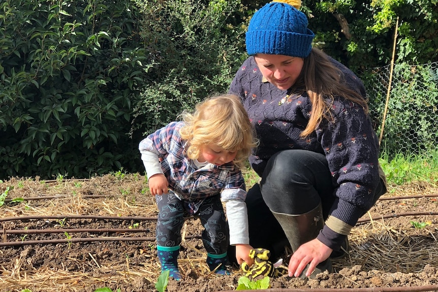 A woman and child plant seeds in a garden.