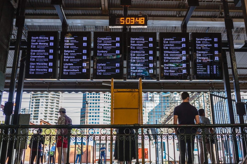 A train platform departure board at a Melbourne train station.