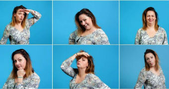 A grid of six photos of Celeste Barber, striking various poses against a blue background.