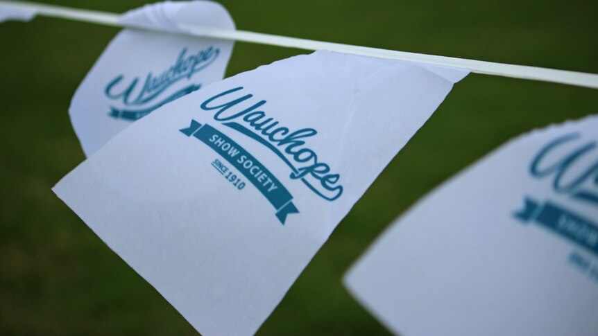 A close up of a white bunting with Wauchope Show Society logo printed in blue ink.