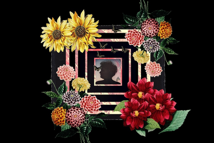 On square black paper, a silhouette of a woman is framed by drawn flowers and four pink and white concentric square outlines.