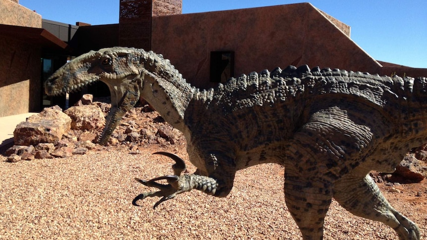 Banjo the replica dinosaur outside the museum.