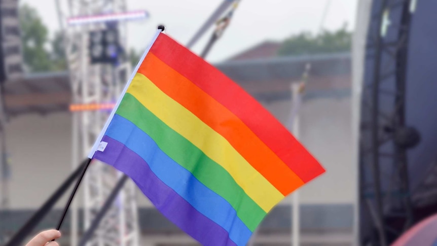 A gay pride rainbow flag.