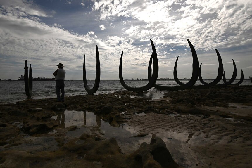 Seven curved pieces of bronze by the water. The shape they make represents 'the bones of a whale and the ribs of a ship'.