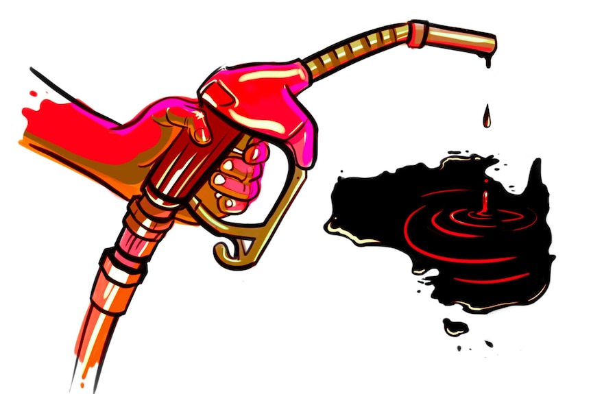 An illustration of a hand holding a petrol pump, with liquid dripping out of it to form a map of Australia.