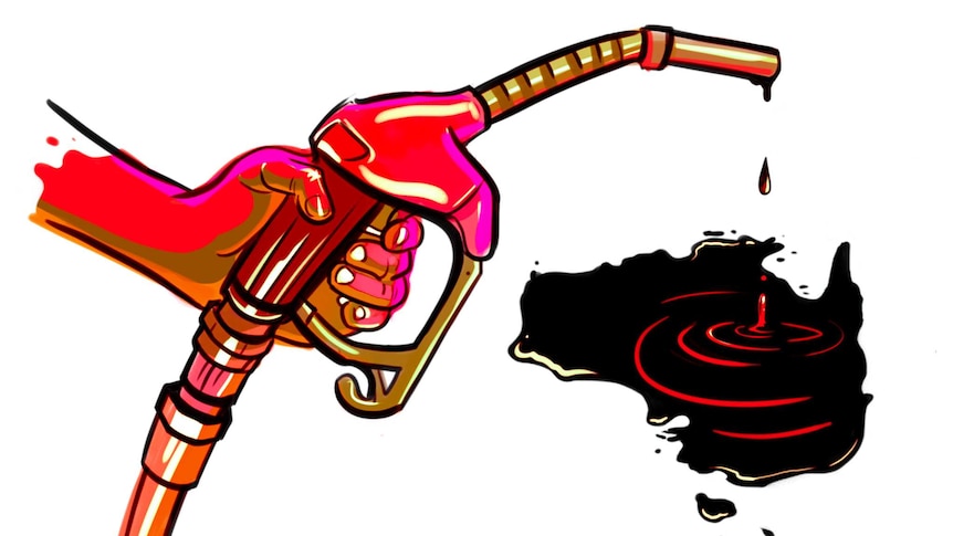 An illustration of a hand holding a petrol pump, with liquid dripping out of it to form a map of Australia.