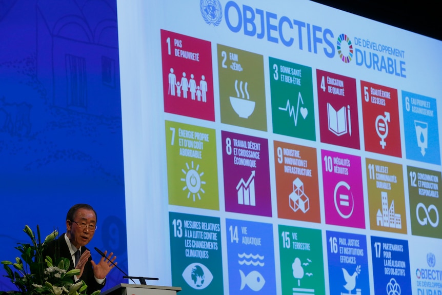 Ban Ki Moon speaks at a podium as a screen behind him displays the UN's SDGs.