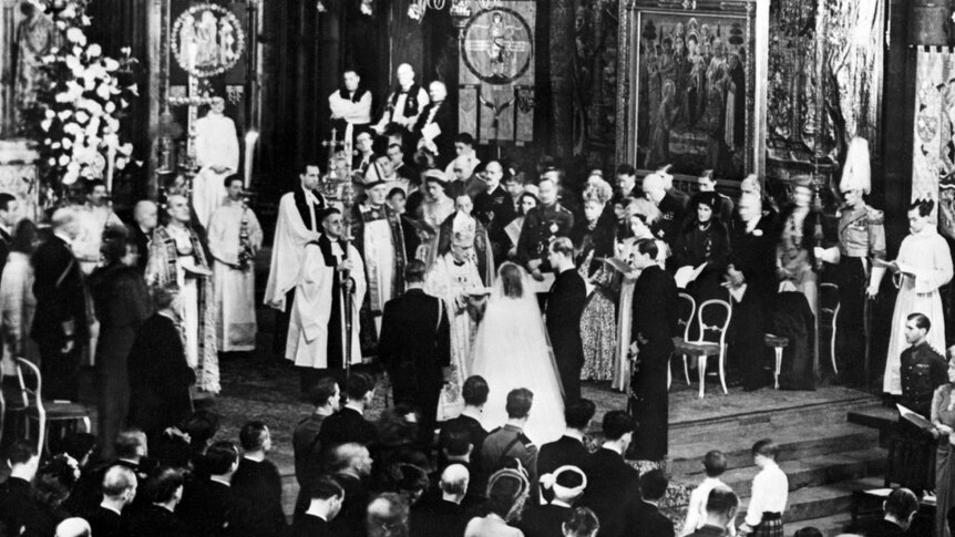 The Princess Elizabeth of England and Philip, Duke of Edinburgh, during their wedding ceremony.