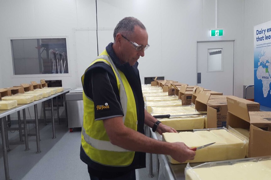 Paul Triste checks over mozzarella cheese blocks.