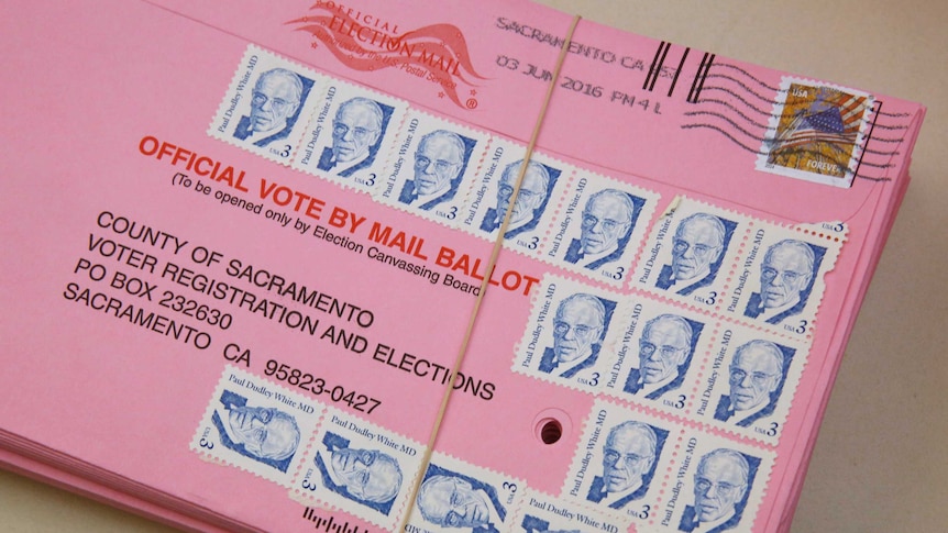 A mail-in ballot yet to be counted at the Sacramento County Registrar of Voters office, in Sacramento, California