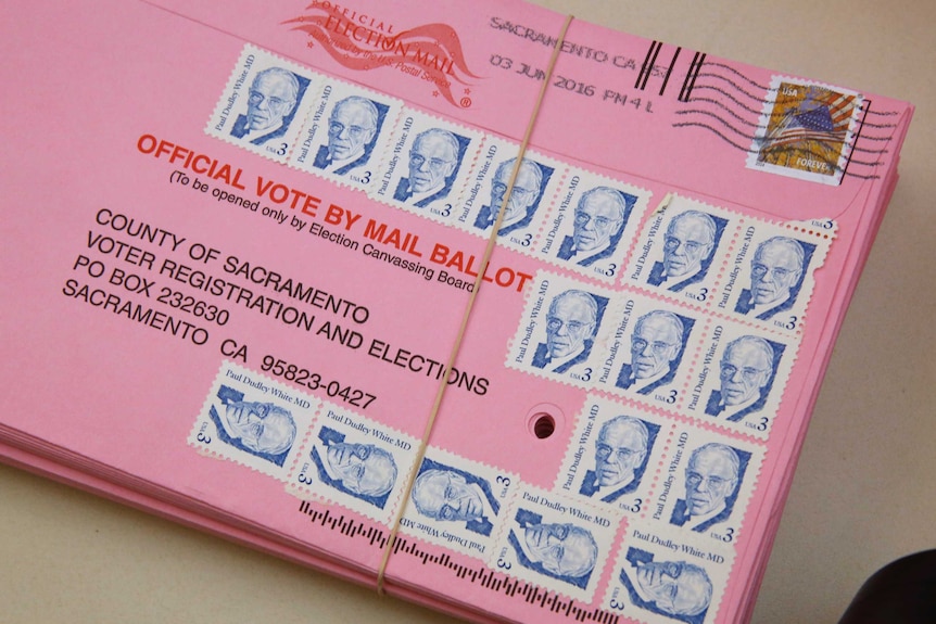 A mail-in ballot yet to be counted at the Sacramento County Registrar of Voters office, in Sacramento, California